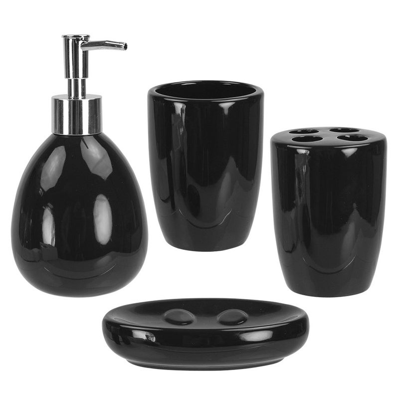 Home Basics 4-Piece Ceramic Bathroom Set (Black), By Home Basics | Contemporary Design Bathroom Accessory Sets | Accessories For Bathroom | Includes Soap Dish, Tumbler, Toothbrush Holder, and Lotion Dispenser - Image 1